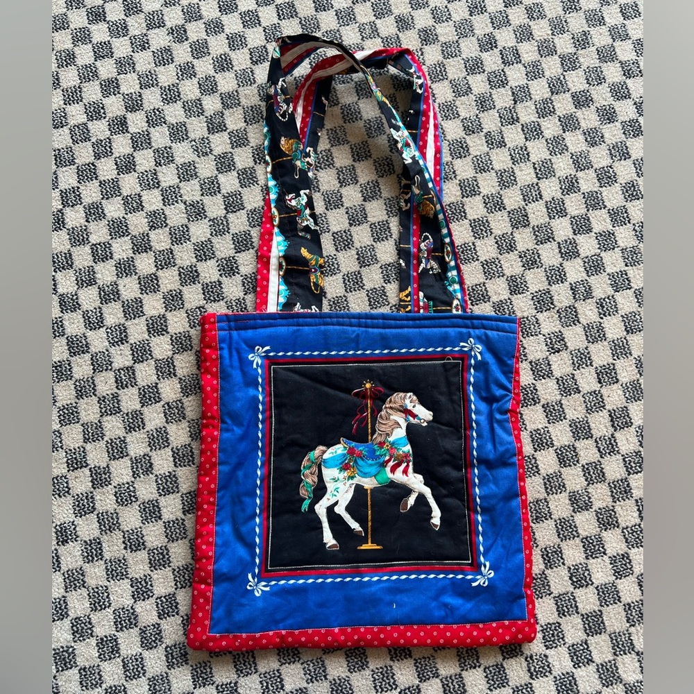 Vintage handmade carousel horse quilted tote bag.